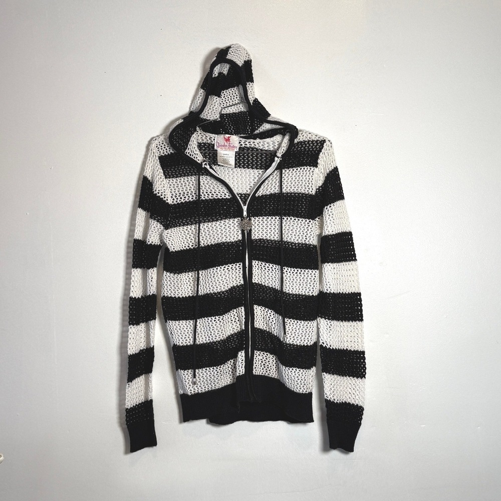Quacker Factory Zip Hoodie Women Small Black White Striped Open Knit